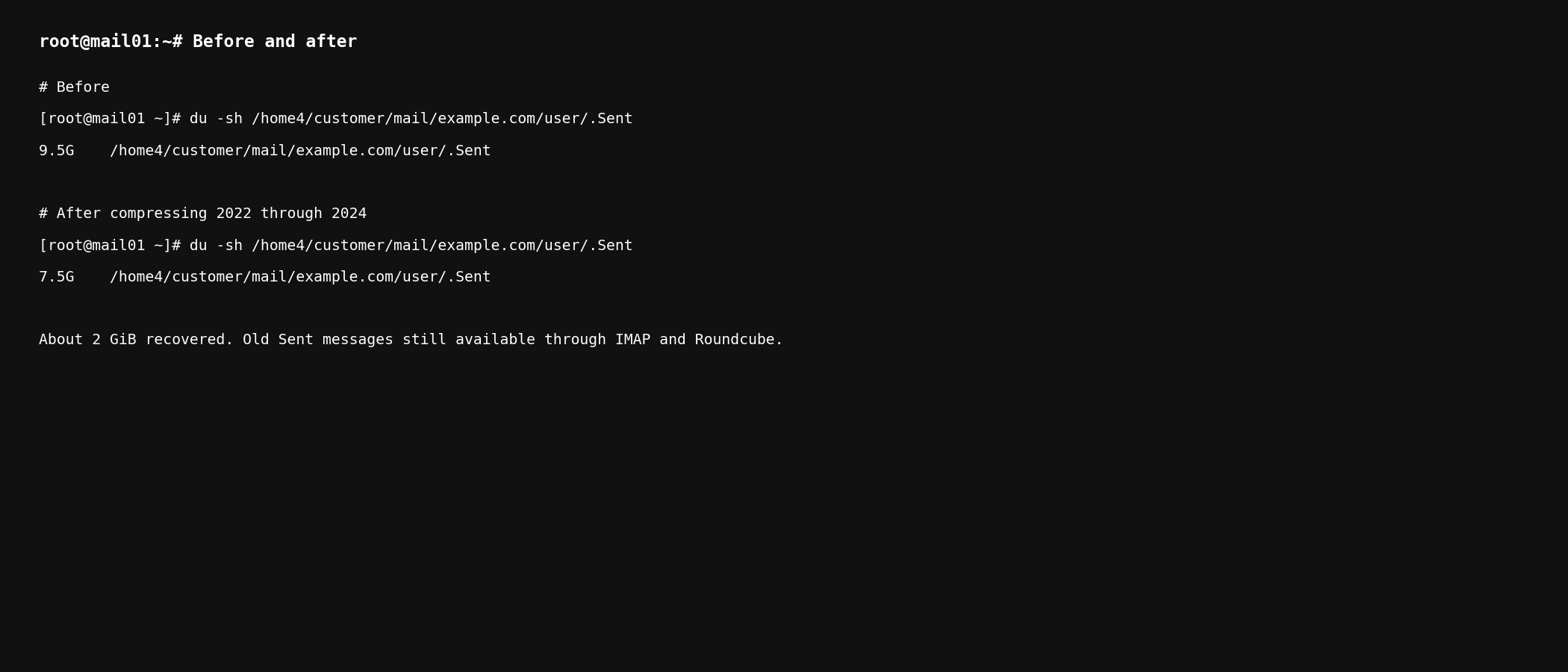 Before and after disk usage